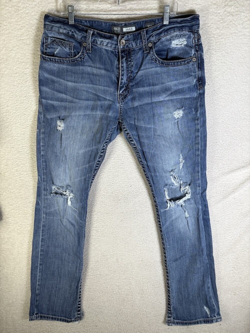 Buckle BKE Denim Jake Straight Jeans Mens 38x32 Blue Distressed Medium Wash